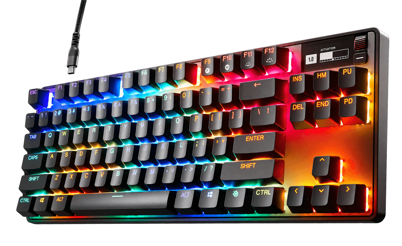 Top view of the black SteelSeries Apex Pro TKL with RGB lighting
